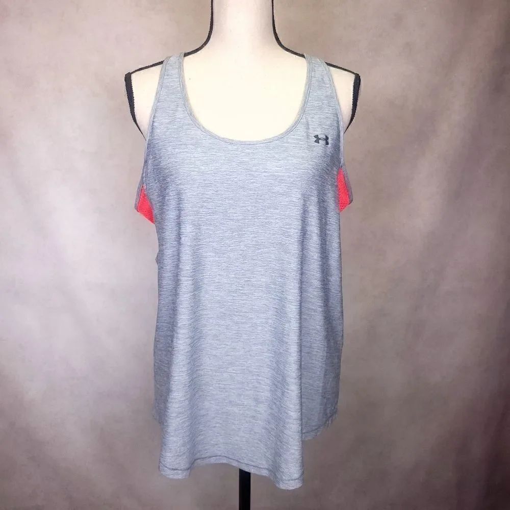 Under Armour Gray Athletic Tank Top With Neon Orange Mesh Back Size Lg